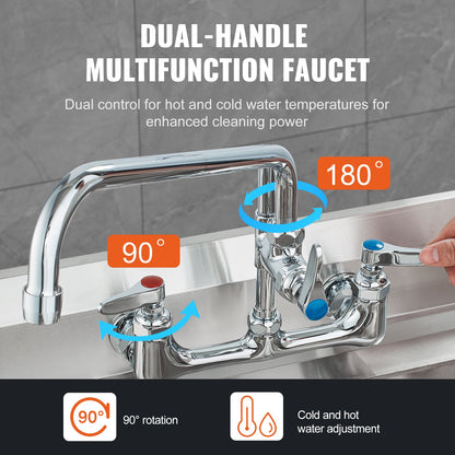 Commercial Faucet with Pre-Rinse Sprayer, 25" (63.5 cm) Height, 8" (20.3 cm) Center, 12" (30.5 cm) Swing Spout, Wall Mount Kitchen Sink Faucet, Brass Constructed Device with Pull Down Spray, for 1/2/3 Compartment Sink