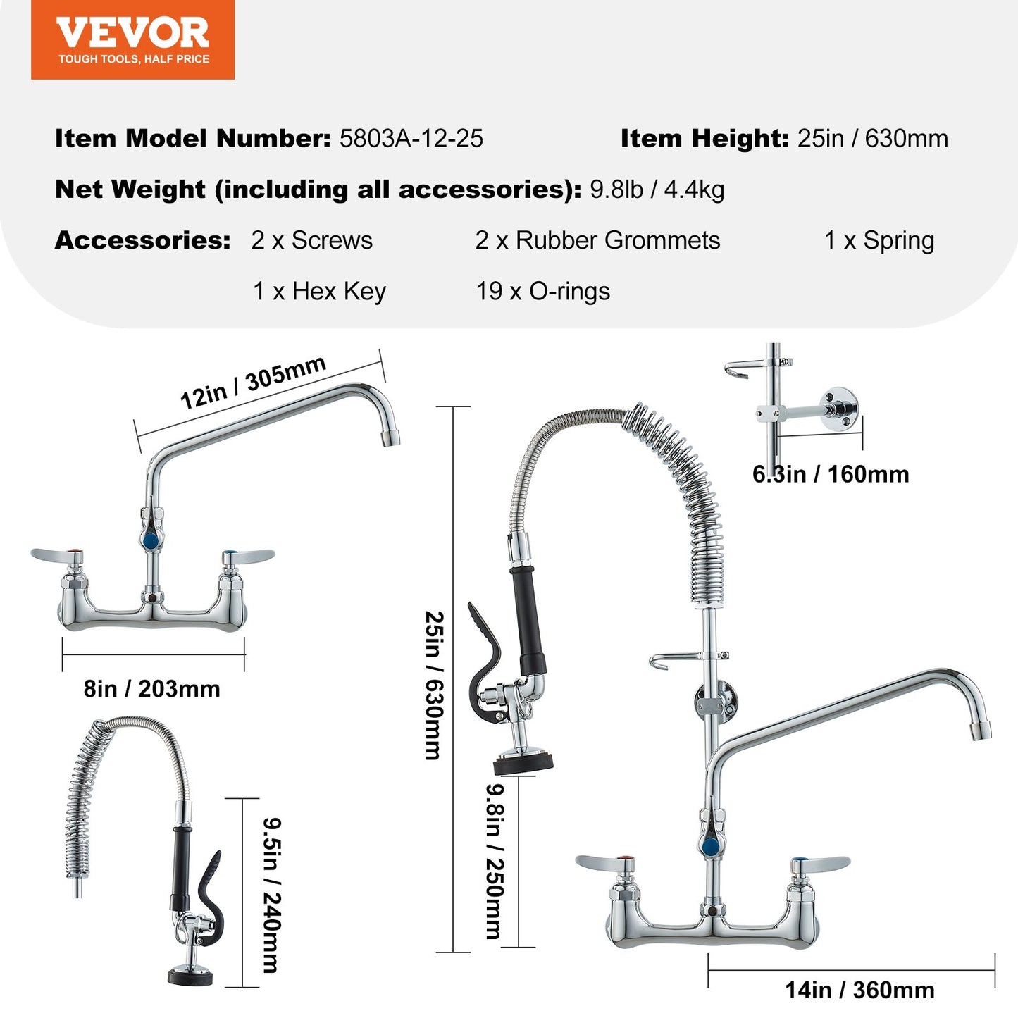 Commercial Faucet with Pre-Rinse Sprayer, 25" (63.5 cm) Height, 8" (20.3 cm) Center, 12" (30.5 cm) Swing Spout, Wall Mount Kitchen Sink Faucet, Brass Constructed Device with Pull Down Spray, for 1/2/3 Compartment Sink