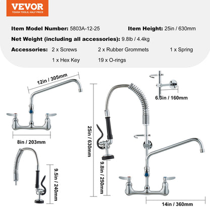 Commercial Faucet with Pre-Rinse Sprayer, 25" (63.5 cm) Height, 8" (20.3 cm) Center, 12" (30.5 cm) Swing Spout, Wall Mount Kitchen Sink Faucet, Brass Constructed Device with Pull Down Spray, for 1/2/3 Compartment Sink