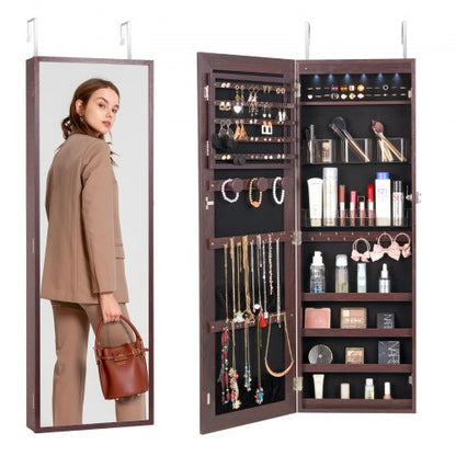 Mirror Jewelry Cabinet, 42.52-Inch Tall Lockable Jewelry Cabinet Armoire with Full-Length Mirror, Wall or Door Mounted Jewelry Mirror Organizer with LED Interior Lights and Velvet Lining, Brown