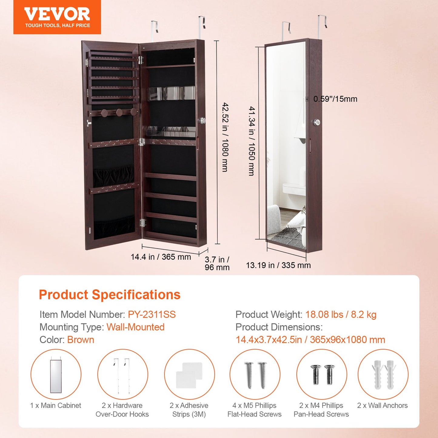 Mirror Jewelry Cabinet, 42.52-Inch Tall Lockable Jewelry Cabinet Armoire with Full-Length Mirror, Wall or Door Mounted Jewelry Mirror Organizer with LED Interior Lights and Velvet Lining, Brown