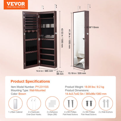 Mirror Jewelry Cabinet, 42.52-Inch Tall Lockable Jewelry Cabinet Armoire with Full-Length Mirror, Wall or Door Mounted Jewelry Mirror Organizer with LED Interior Lights and Velvet Lining, Brown