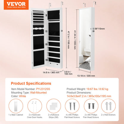 Spegelsmyckesskåp, 47,05-tums hög låsbar smyckesskåpskåp med hel längdspegel, vägg- eller dörrmonterad smyckesspegelorganisatör med LED-innerbelysning och sammetsfoder, vit