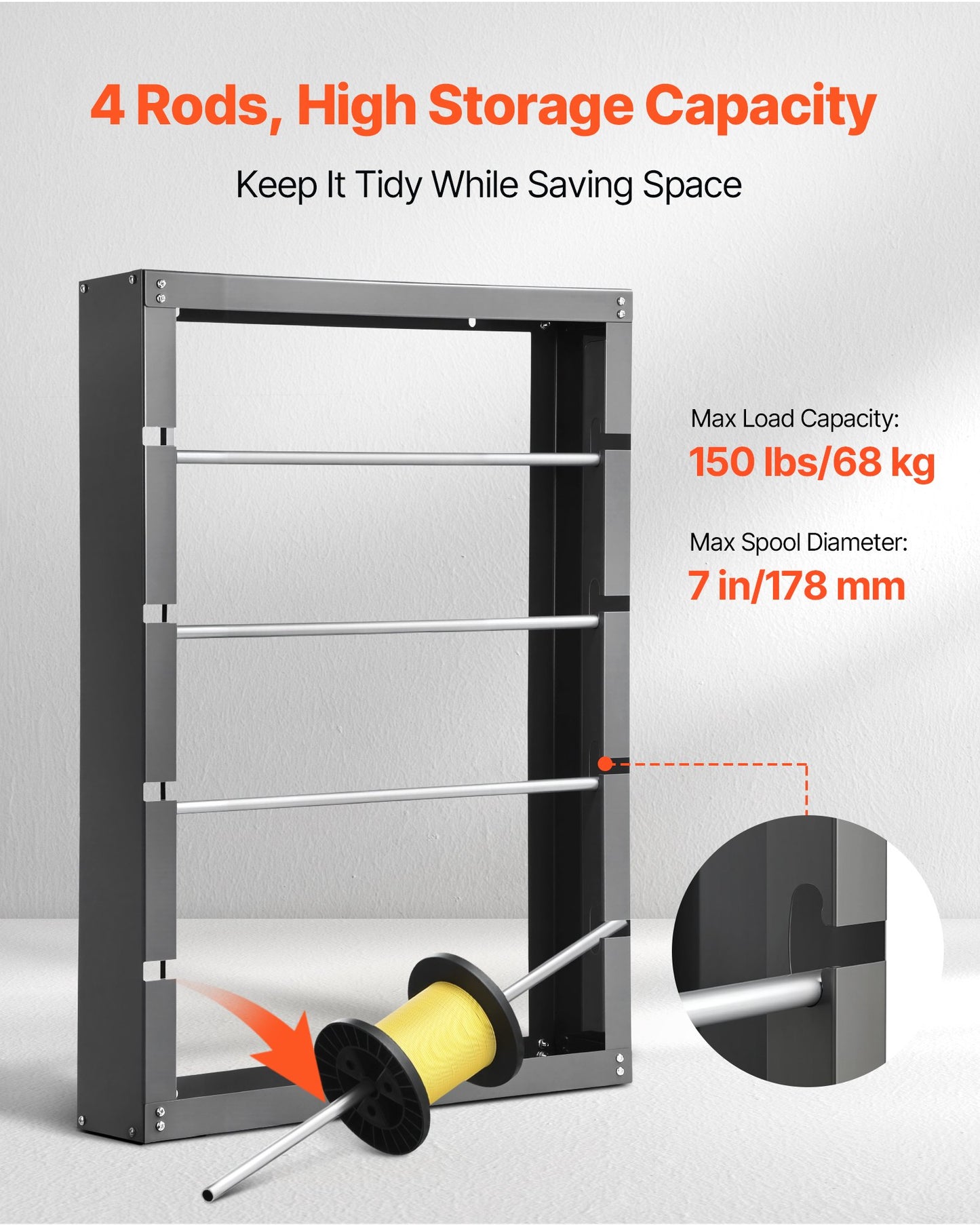 Wire Spool Rack, 4 Adjustable Rods, Cold-Rolled Steel Wire Spool Holder Wall Mounted for Multi-Spools, Wiring Storage, 68kg / 150 lbs Capacity Cable Dispenser, for Electrical Industrial Retail Use
