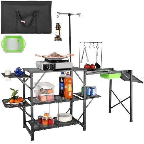 Camping Kitchen Table, One-piece Folding Portable Cook Station with A Carrying Bag, Long Aluminum Camping Table 3 Side Tables, 2 Shelves & A Detachable Sink for Outdoor Picnics, BBQs, Camping