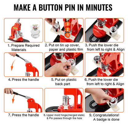 Knappmaskin, 25 mm (1 tum) stanspress för märkestryck, nåltillverkare för barn, gör-det-själv-presenter, knapptillverkningstillbehör med 500 st knappdelar, cirkelskärare och magisk bok