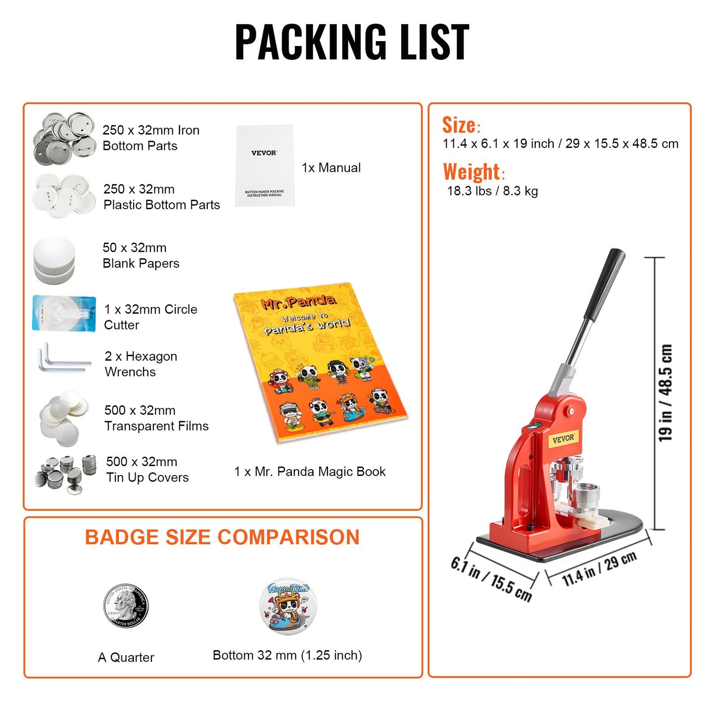 Knappmaskin, 32 mm (1,25 tum) stanspress för märkesmärken, gör-det-själv-presenter för barn, knapptillverkningstillbehör med 500 st knappdelar, cirkelskärare och magisk bok