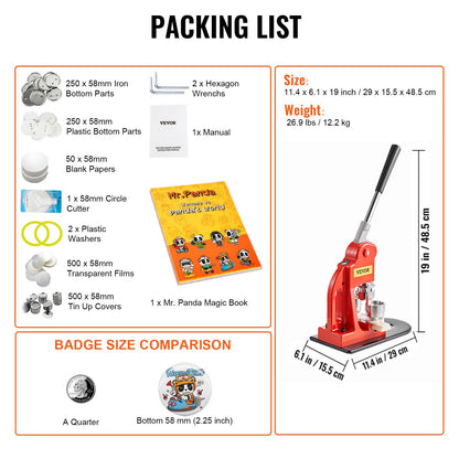 Knappmaskin, 58 mm (2,25 tum) stanspress för märkesmärken, gör-det-själv-presenter för barn, knapptillverkningstillbehör med 500 st knappdelar, cirkelskärare och magisk bok