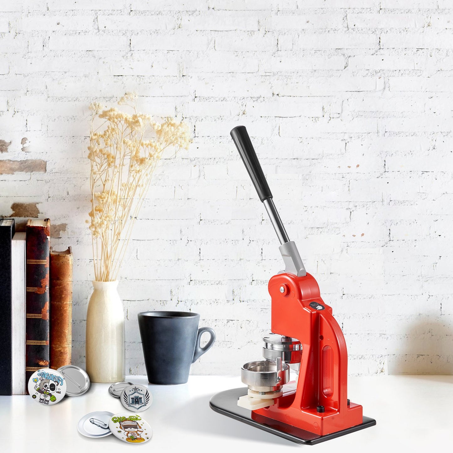 Knappmaskin, 58 mm (2,25 tum) stanspress för märkesmärken, gör-det-själv-presenter för barn, knapptillverkningstillbehör med 500 st knappdelar, cirkelskärare och magisk bok