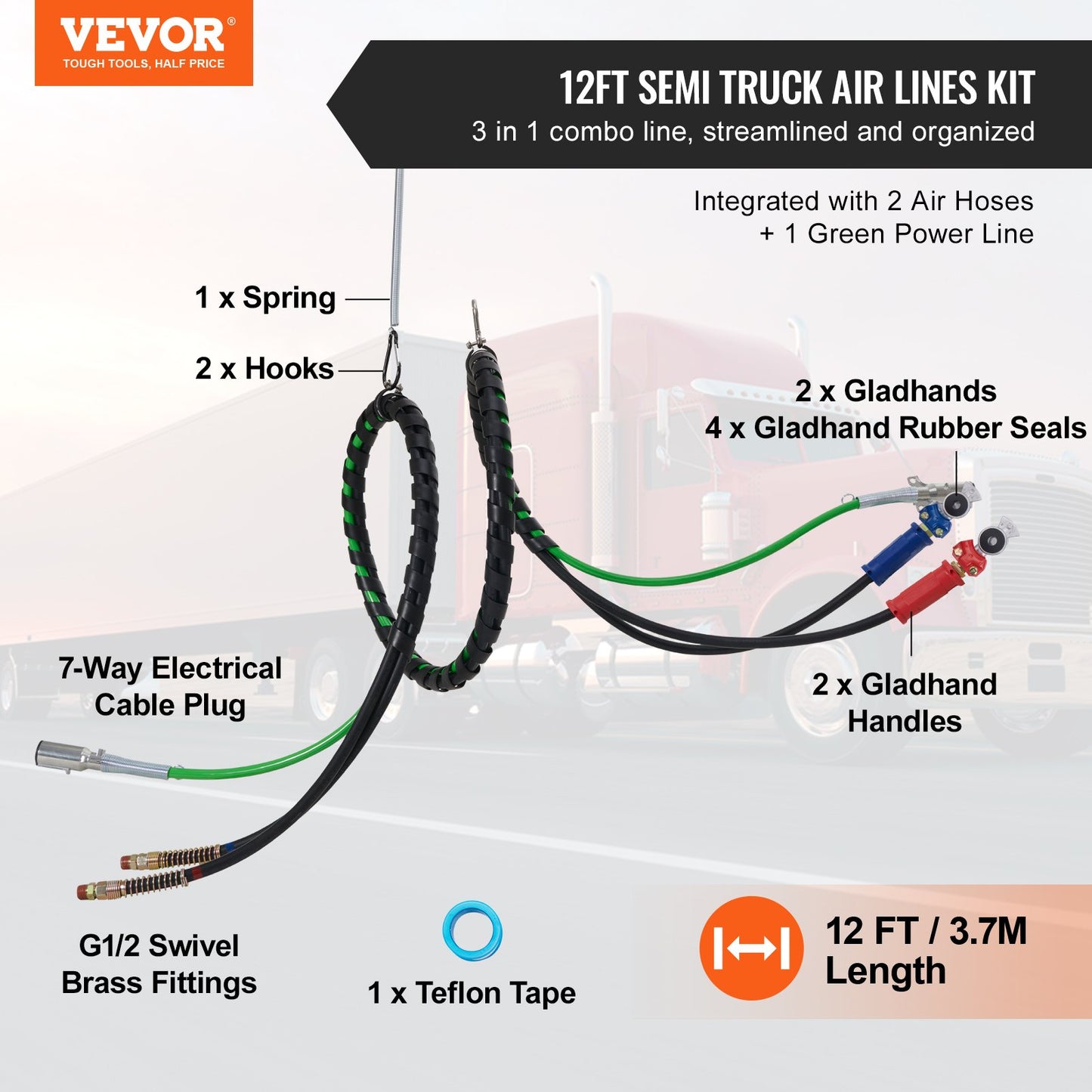 12FT Semi Truck Air Lines Kit with 2PCS Glad Hands, 3-in-1 Air Hoses & 7 Way ABS Electric Power Line, with 2PCS Gladhand Handles, 4PCS Seals and Tender Spring Kit for Semi Truck Trailer Tractor