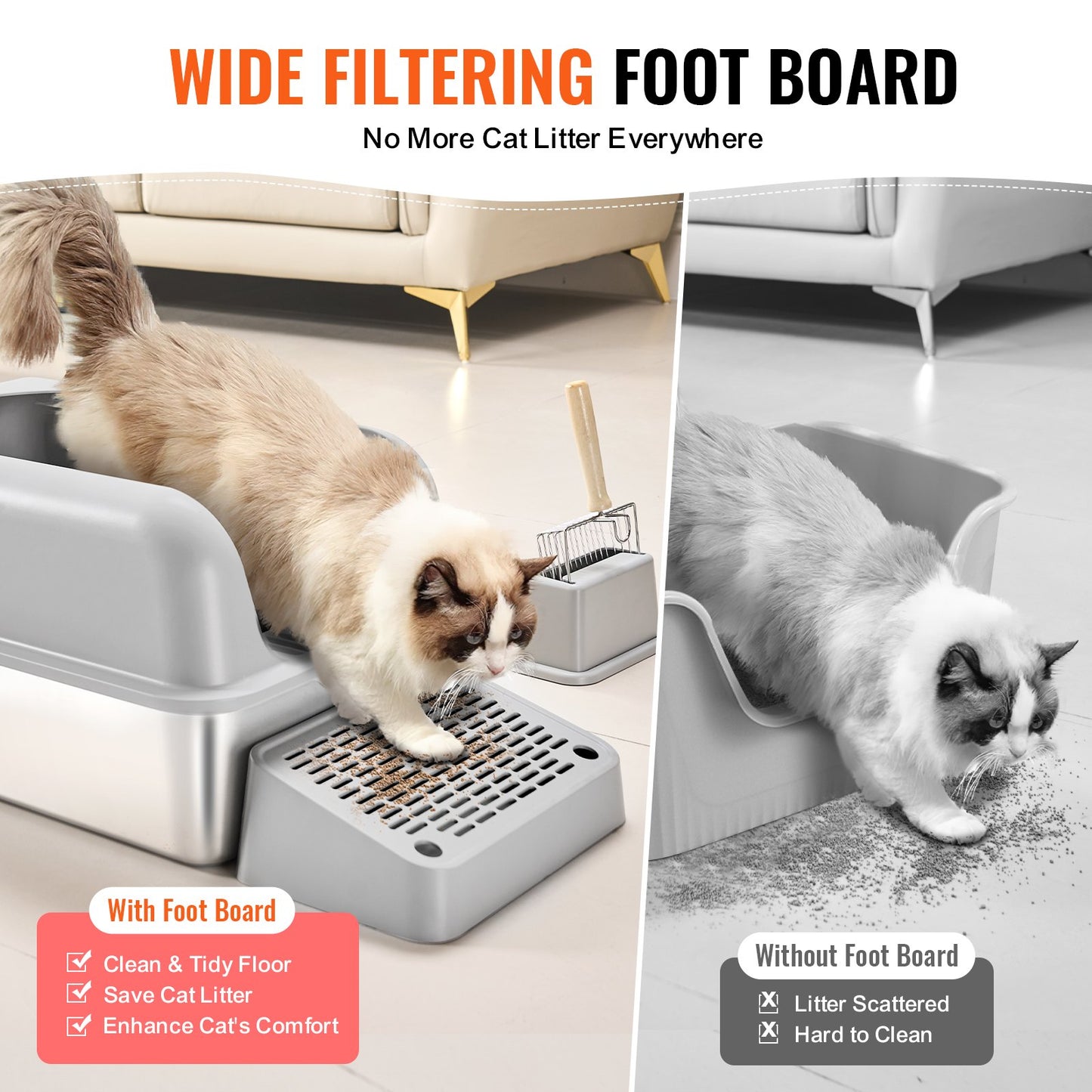 Cat Litter Box, 6 inches Deep, XL Extra Large Stainless Steel Cat Litter Box with Scoop, Wide Filtering Foot Board & High Sides, Enclosed Odor-Free Easy-to-Clean Litter Box, Fit for Big Cats