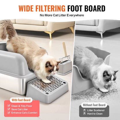 Cat Litter Box, 6 inches Deep, XL Extra Large Stainless Steel Cat Litter Box with Scoop, Wide Filtering Foot Board & High Sides, Enclosed Odor-Free Easy-to-Clean Litter Box, Fit for Big Cats