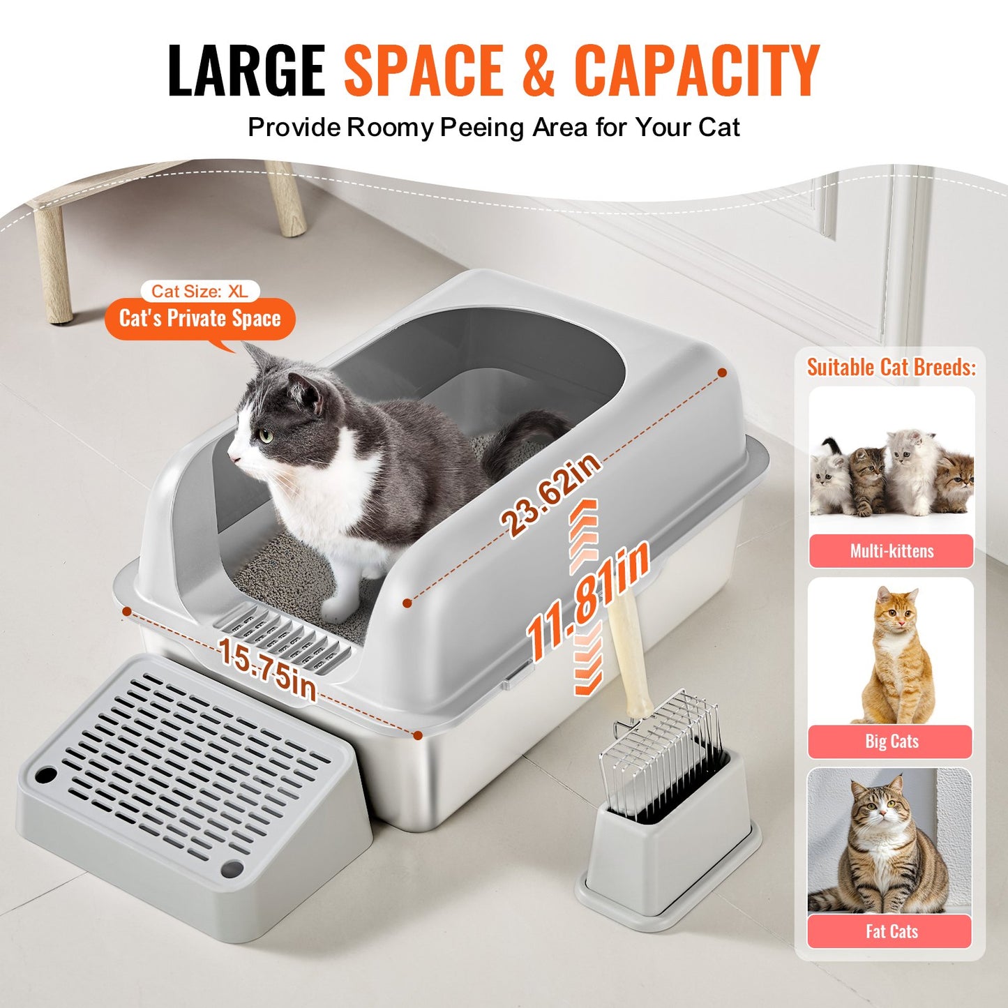 Cat Litter Box, 6 inches Deep, XL Extra Large Stainless Steel Cat Litter Box with Scoop, Wide Filtering Foot Board & High Sides, Enclosed Odor-Free Easy-to-Clean Litter Box, Fit for Big Cats