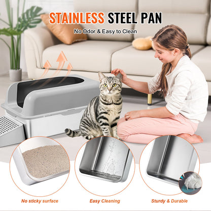 Cat Litter Box, 6 inches Deep, XL Extra Large Stainless Steel Cat Litter Box with Scoop, Wide Filtering Foot Board & High Sides, Enclosed Odor-Free Easy-to-Clean Litter Box, Fit for Big Cats