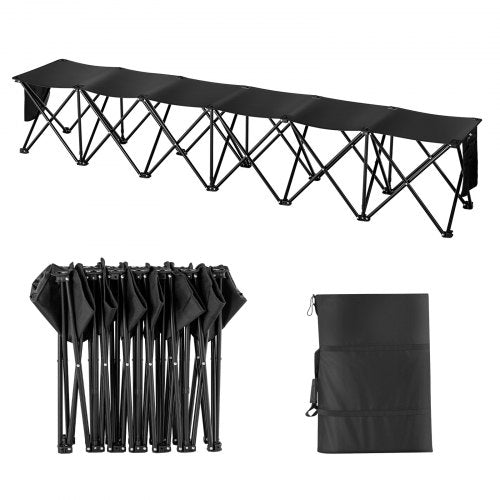 Bärbar hopfällbar bänk, hopfällbar fotbollsbänk med 6 platser, sidofickor och bärväska, lättviktssittplats i 600D Oxford-tyg, för fotboll, baseboll, camping, utomhusevenemang, svart