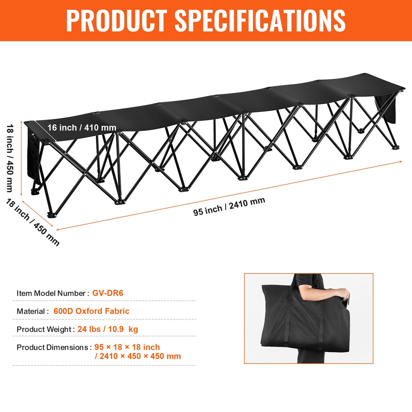 Bärbar hopfällbar bänk, hopfällbar fotbollsbänk med 6 platser, sidofickor och bärväska, lättviktssittplats i 600D Oxford-tyg, för fotboll, baseboll, camping, utomhusevenemang, svart