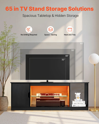 TV Stand for TVs up to 1651 mm, Modern Entertainment Center with Light Strip, Wooden TV Cabinet Storage with Glass Shelf and Adjustable Shelves, Console Table for Living Room and Bedroom, Black