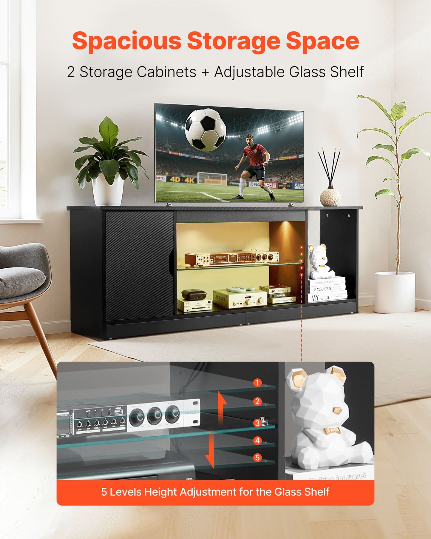 TV Stand for TVs up to 1651 mm, Modern Entertainment Center with Light Strip, Wooden TV Cabinet Storage with Glass Shelf and Adjustable Shelves, Console Table for Living Room and Bedroom, Black