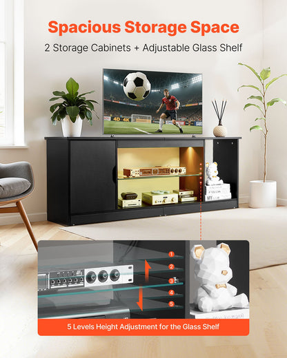 TV Stand for TVs up to 1651 mm, Modern Entertainment Center with Light Strip, Wooden TV Cabinet Storage with Glass Shelf and Adjustable Shelves, Console Table for Living Room and Bedroom, Black