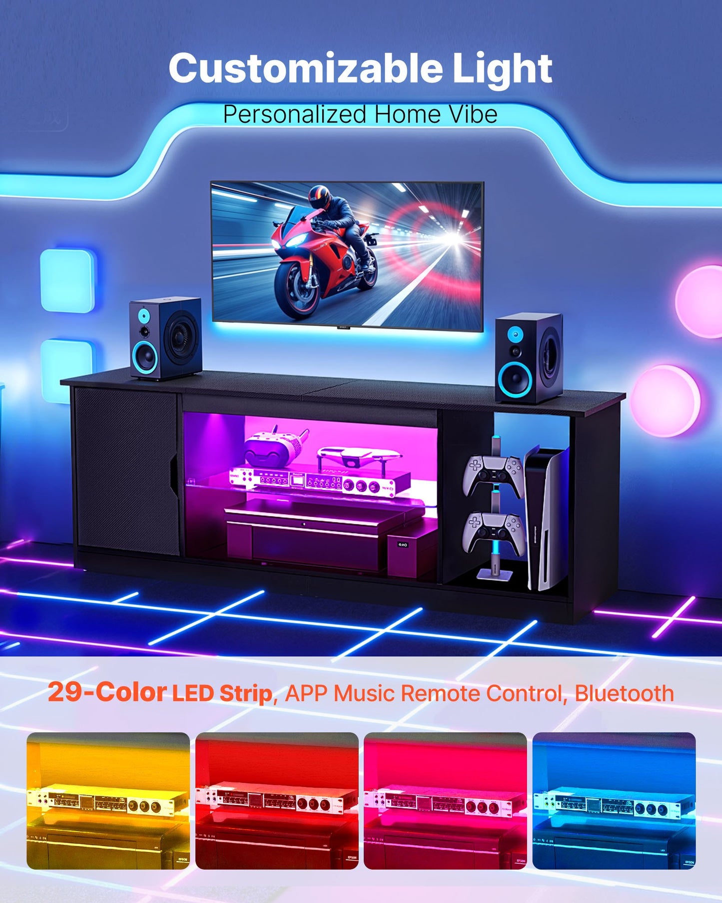 TV Stand for TVs up to 1651 mm, Modern Entertainment Center with Light Strip, Wooden TV Cabinet Storage with Glass Shelf and Adjustable Shelves, Console Table for Living Room and Bedroom, Black