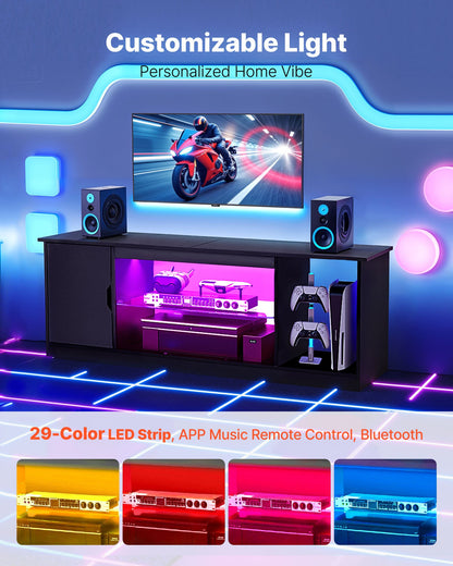 TV Stand for TVs up to 1651 mm, Modern Entertainment Center with Light Strip, Wooden TV Cabinet Storage with Glass Shelf and Adjustable Shelves, Console Table for Living Room and Bedroom, Black