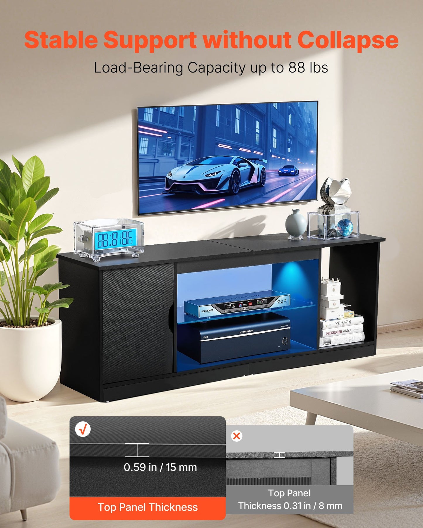 TV Stand for TVs up to 1651 mm, Modern Entertainment Center with Light Strip, Wooden TV Cabinet Storage with Glass Shelf and Adjustable Shelves, Console Table for Living Room and Bedroom, Black