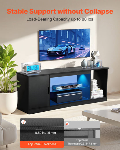 TV Stand for TVs up to 1651 mm, Modern Entertainment Center with Light Strip, Wooden TV Cabinet Storage with Glass Shelf and Adjustable Shelves, Console Table for Living Room and Bedroom, Black