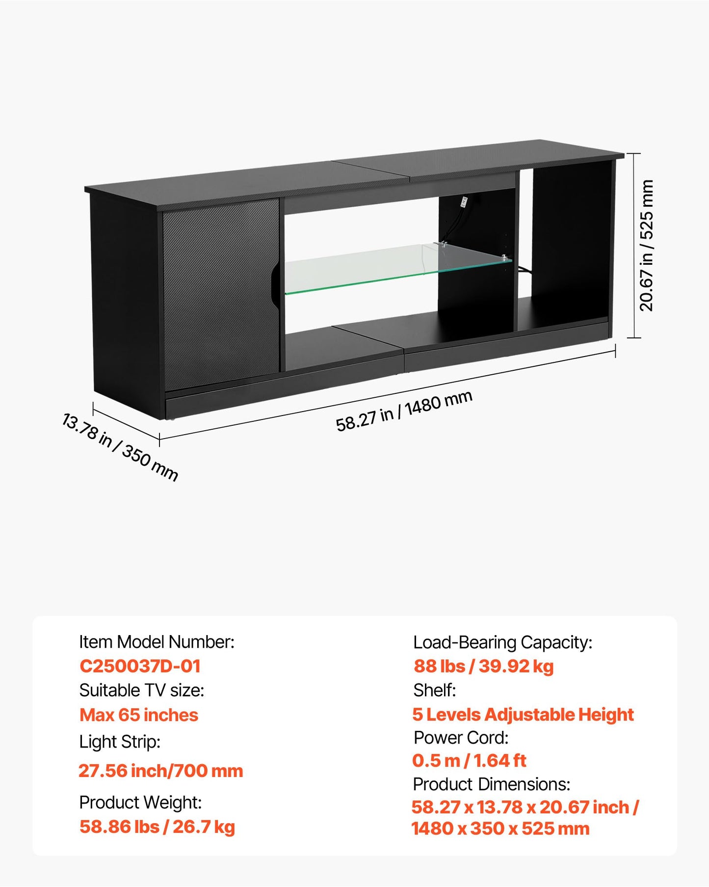TV Stand for TVs up to 1651 mm, Modern Entertainment Center with Light Strip, Wooden TV Cabinet Storage with Glass Shelf and Adjustable Shelves, Console Table for Living Room and Bedroom, Black