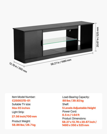 TV Stand for TVs up to 1651 mm, Modern Entertainment Center with Light Strip, Wooden TV Cabinet Storage with Glass Shelf and Adjustable Shelves, Console Table for Living Room and Bedroom, Black