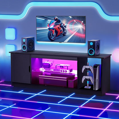 TV Stand for TVs up to 1651 mm, Modern Entertainment Center with Light Strip, Wooden TV Cabinet Storage with Glass Shelf and Adjustable Shelves, Console Table for Living Room and Bedroom, Black