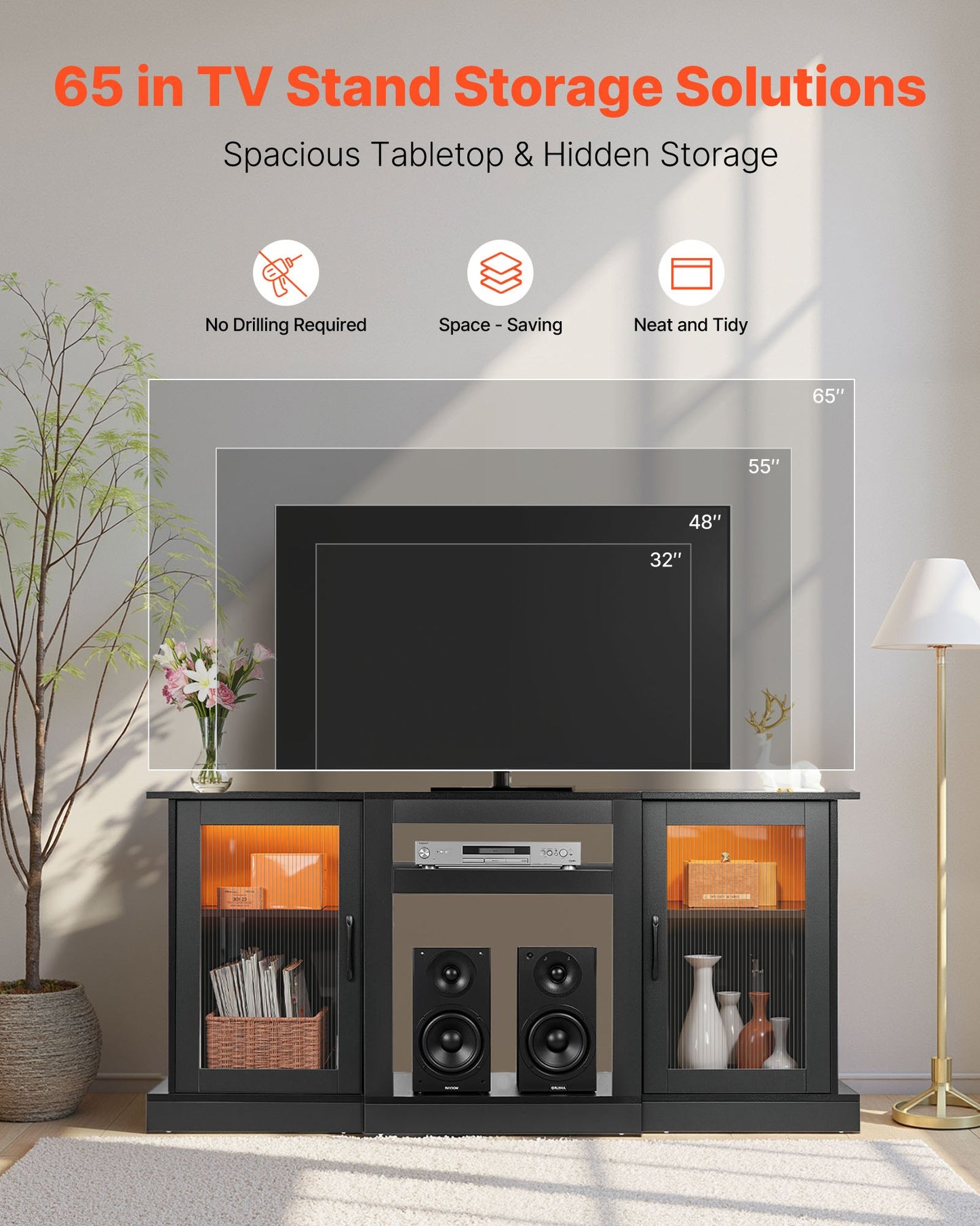 TV Stand for TVs up to 1651 mm, Modern Entertainment Center with Light Strip, Wooden TV Cabinet Storage with Glass Doors and Adjustable Shelves, Console Table for Living Room and Bedroom, Black