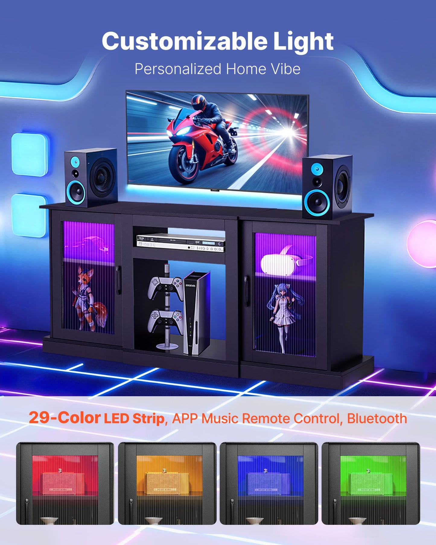 TV Stand for TVs up to 1651 mm, Modern Entertainment Center with Light Strip, Wooden TV Cabinet Storage with Glass Doors and Adjustable Shelves, Console Table for Living Room and Bedroom, Black