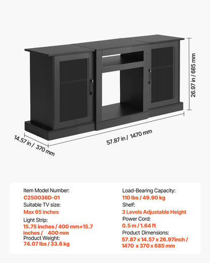 TV Stand for TVs up to 1651 mm, Modern Entertainment Center with Light Strip, Wooden TV Cabinet Storage with Glass Doors and Adjustable Shelves, Console Table for Living Room and Bedroom, Black