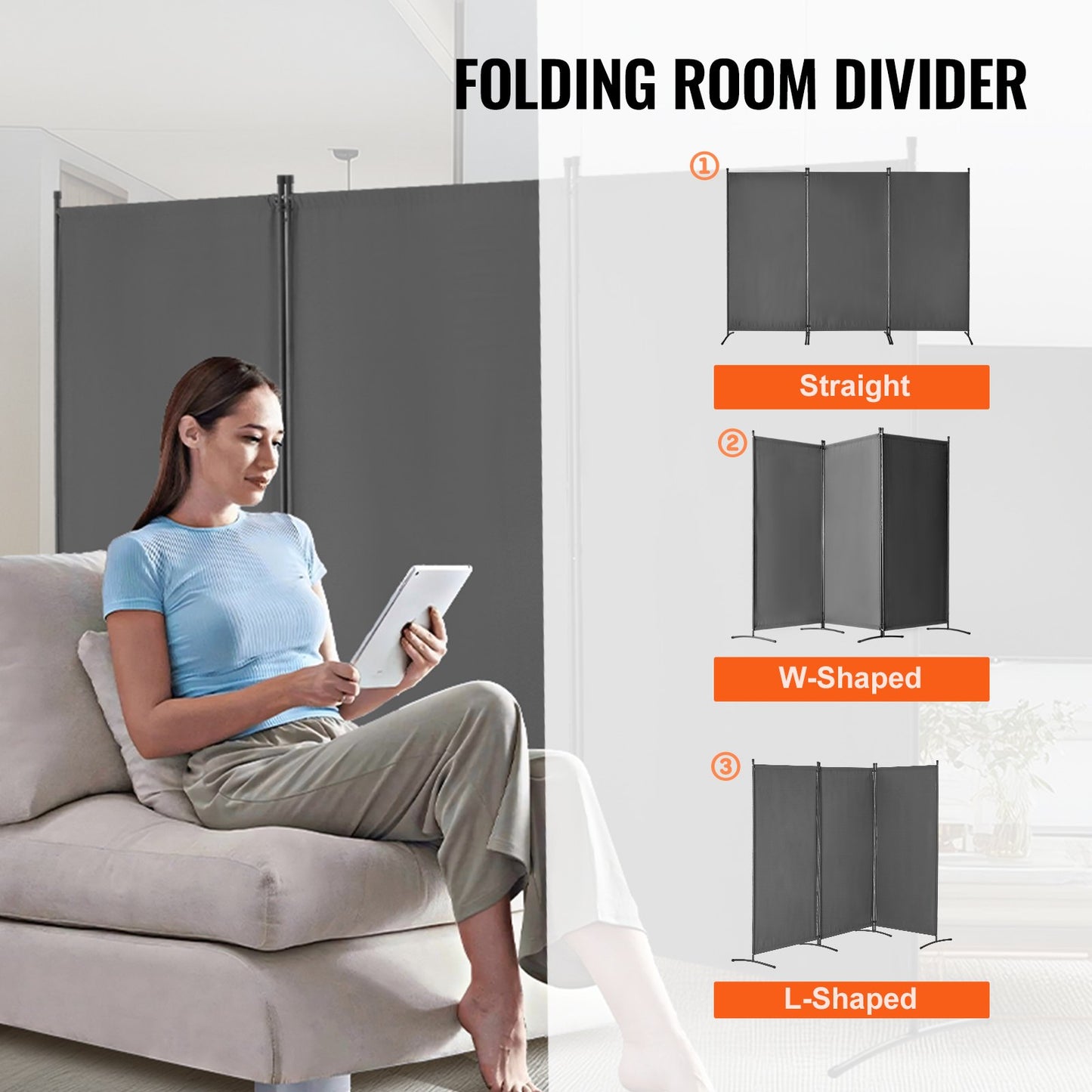 Room Divider, 3 Panels Room Divider, Folding Privacy Screen and Portable Partition Divider for Room Separation, Freestanding Room Partitions for Office, Bedroom, Study, Grey