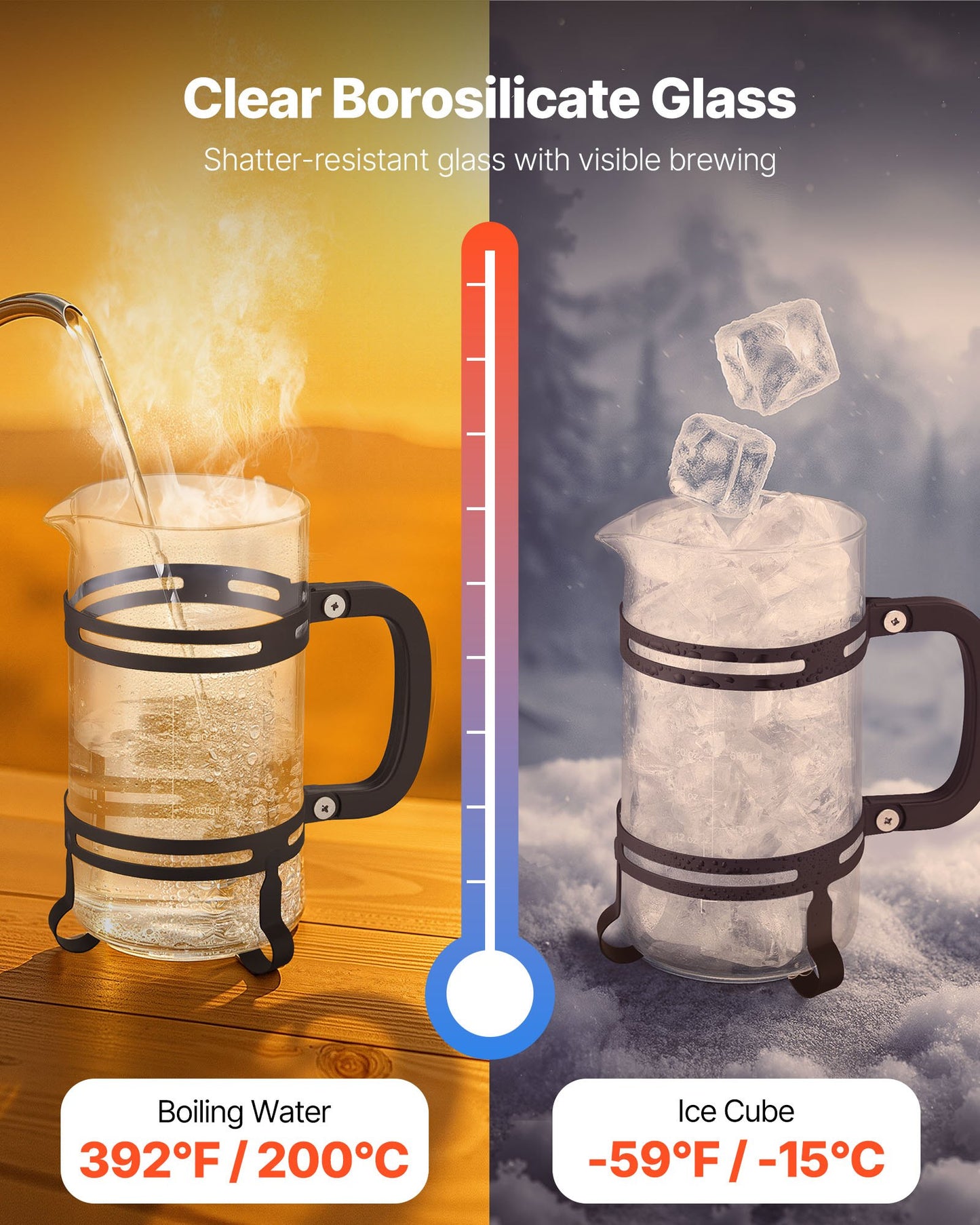 French Press Coffee Maker, 1 Liter Borosilicate Glass Coffee Press Tea Maker with Stainless Steel Filter, Large Glass French Presses Cold Brew for Camping Travel Home Kitchen, Silver