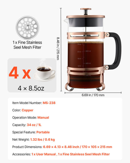 French Press Coffee Maker, 1 Liter Borosilicate Glass Coffee Press Tea Maker with Stainless Steel Filter, Large Glass French Presses Cold Brew for Camping Travel Home Kitchen, Copper