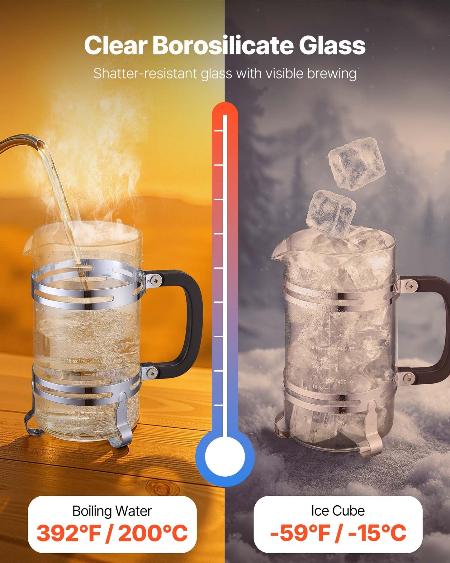 French Press Coffee Maker, 1 Liter Borosilicate Glass Coffee Press Tea Maker with Stainless Steel Filter, Large Glass French Presses Cold Brew for Camping Travel Home Kitchen, Silver