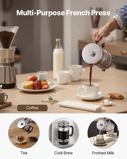 French Press Coffee Maker, 1 Liter Borosilicate Glass Coffee Press Tea Maker with Stainless Steel Filter, Large Glass French Presses Cold Brew for Camping Travel Home Kitchen, Silver