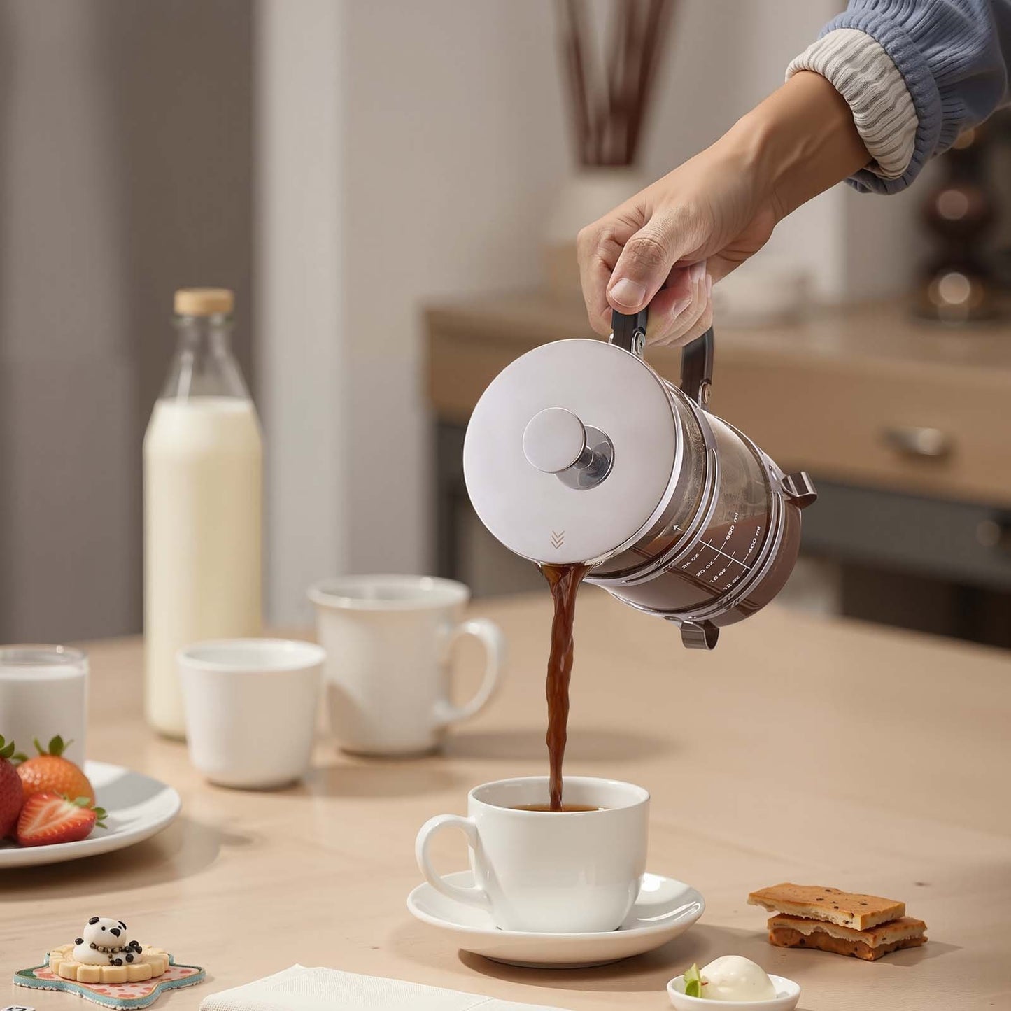 French Press Coffee Maker, 1 Liter Borosilicate Glass Coffee Press Tea Maker with Stainless Steel Filter, Large Glass French Presses Cold Brew for Camping Travel Home Kitchen, Silver