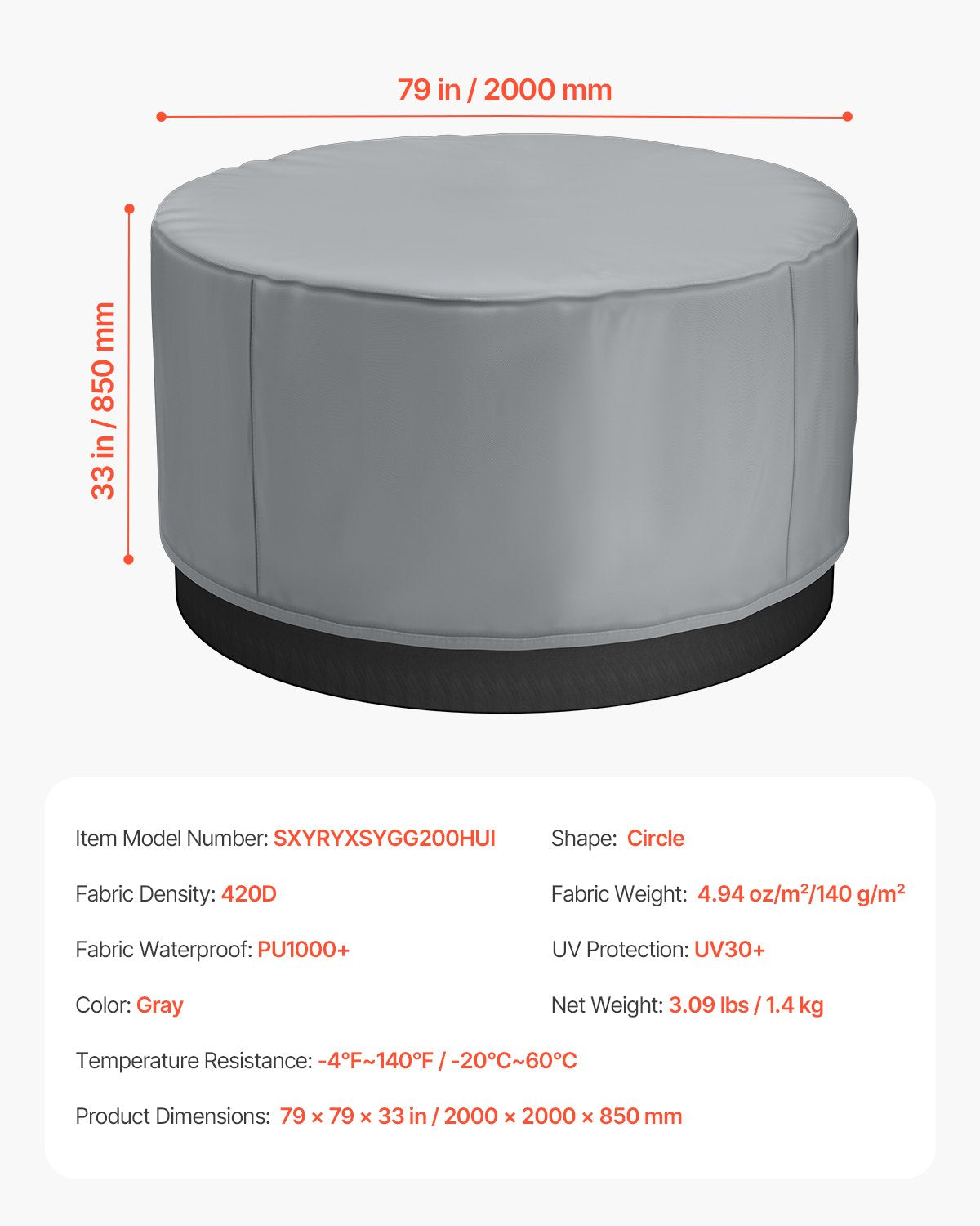 Outdoor Hot Tub Cover, 79 x 33 in / 2000 x 850 mm Weatherproof & Waterproof Hot Tub Cover Protector, 420D Heavy Duty Oxford Fabric and 950N Tearing Strength, Round Spa Covers for Hottub, Gray