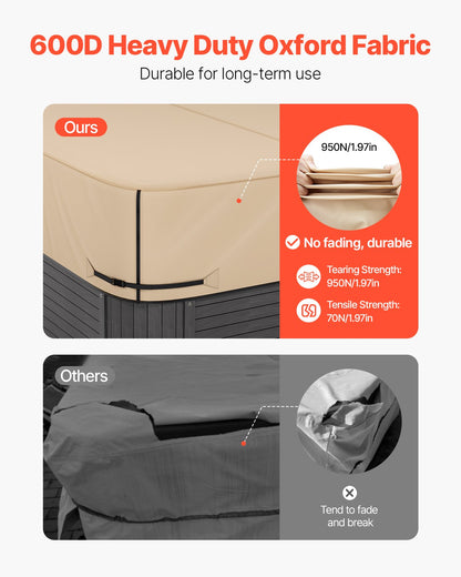 Överdrag för utomhusbadtunna, 85x85x20in/2160x2160x508mm väderbeständigt och vattentätt badtunneskydd, 600D kraftigt oxfordtyg och 950N rivstyrka, fyrkantiga spa-överdrag för badtunna, brunt