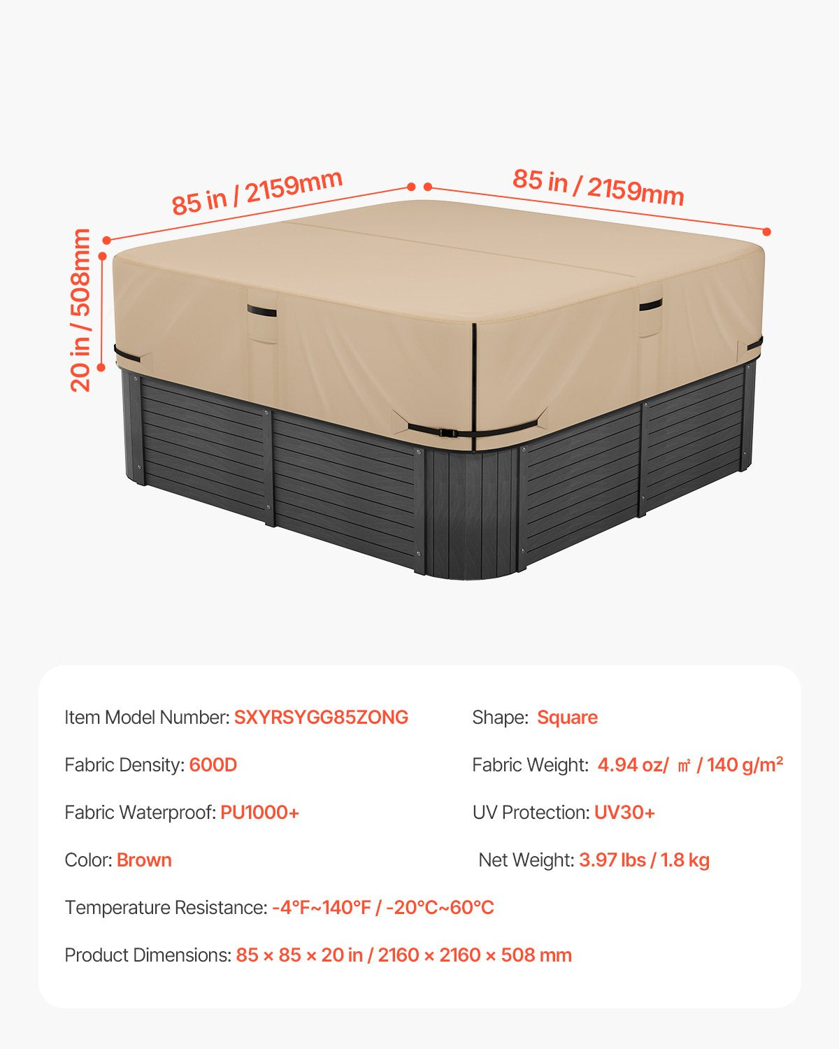 Överdrag för utomhusbadtunna, 85x85x20in/2160x2160x508mm väderbeständigt och vattentätt badtunneskydd, 600D kraftigt oxfordtyg och 950N rivstyrka, fyrkantiga spa-överdrag för badtunna, brunt
