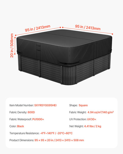 Överdrag för utomhusbadtunna, 95x95x20in/2413x2413x508mm väderbeständigt och vattentätt badtunneskydd, 600D kraftigt oxfordtyg och 950N rivstyrka, fyrkantiga spa-överdrag för badtunna, svart