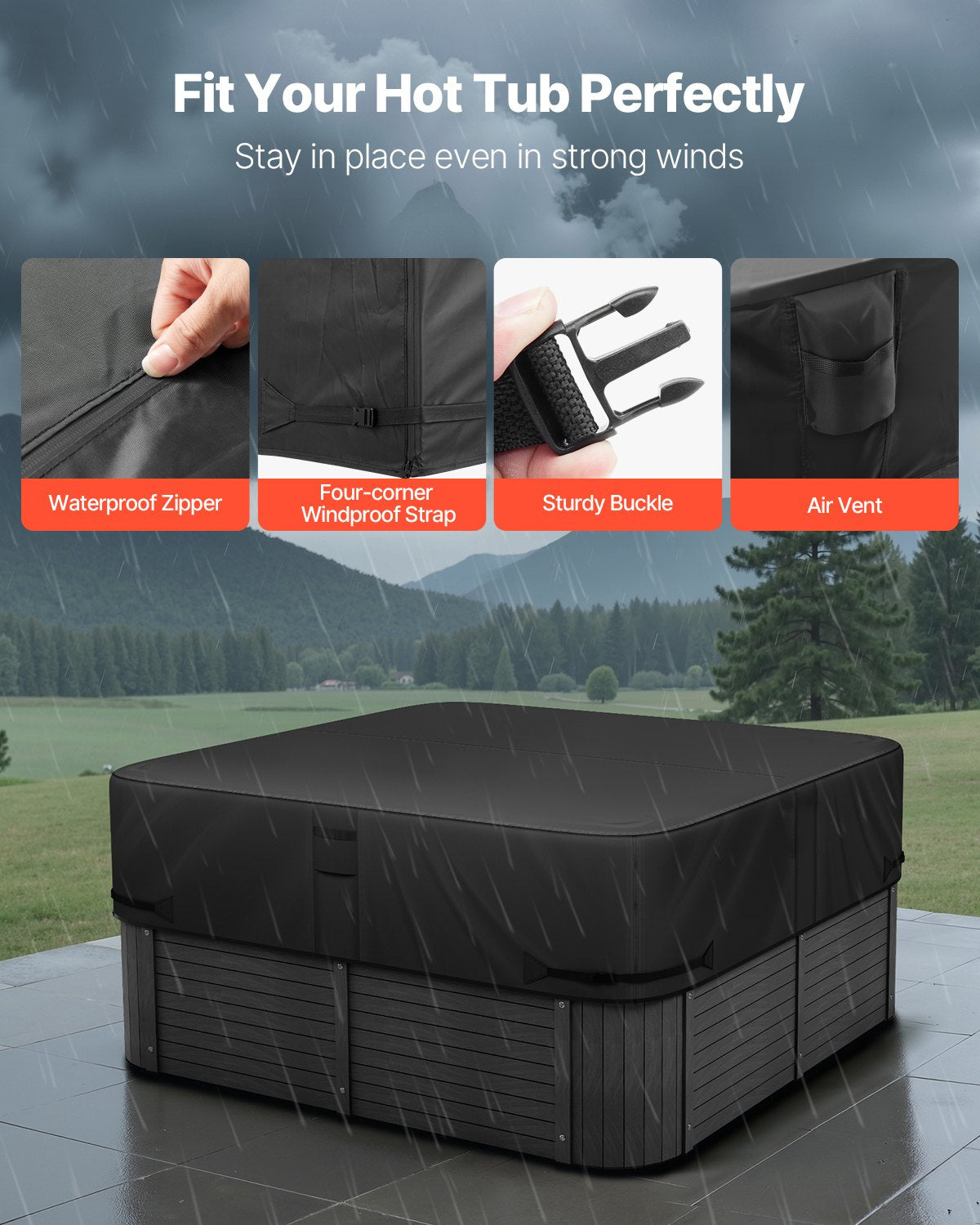 Outdoor Hot Tub Cover, 88x88x20in/2235x2235x508mm Weatherproof & Waterproof Hot Tub Cover Protector, 600D Heavy Duty Oxford Fabric and 950N Tearing Strength, Square Spa Covers for Hottub, Black