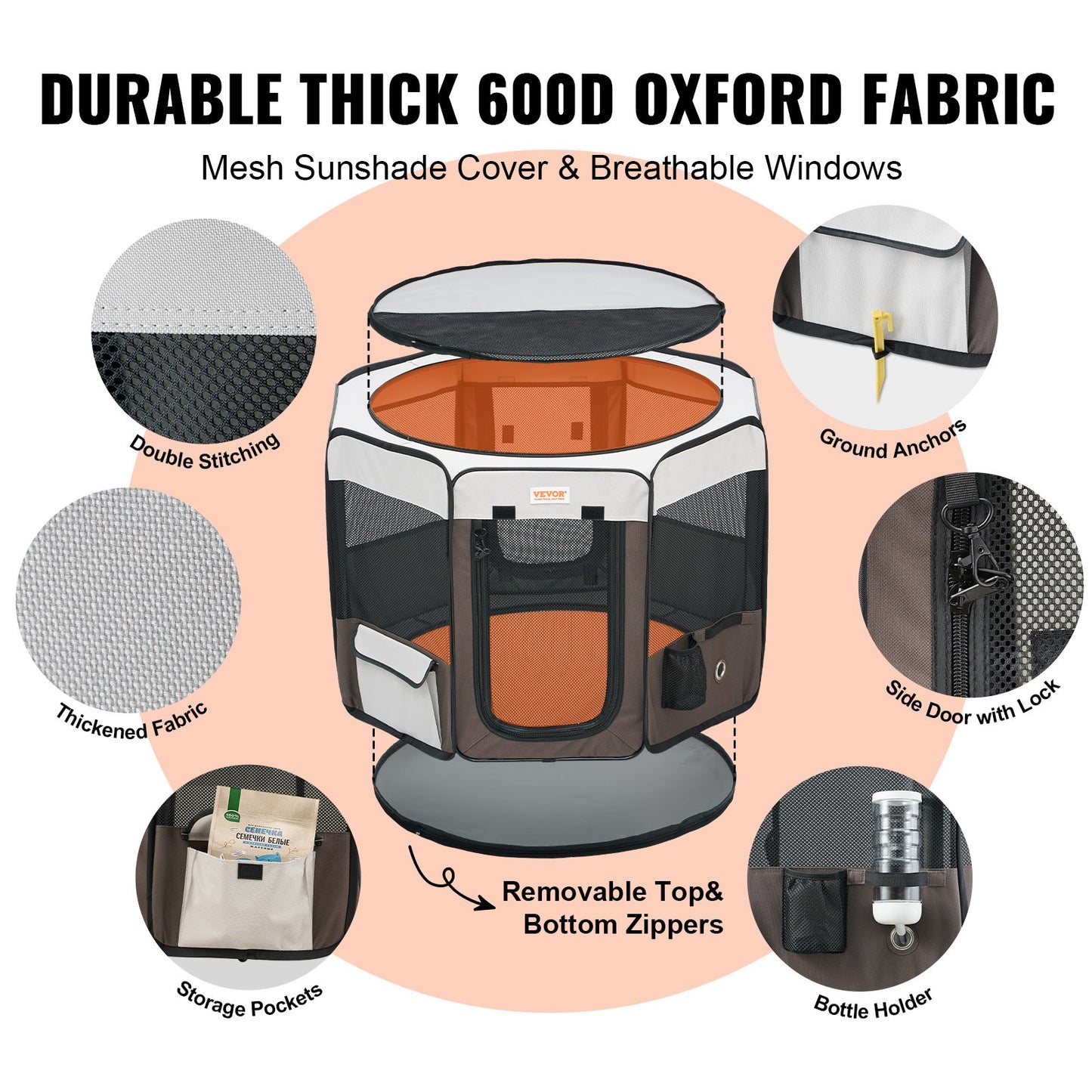 Hopfällbar lekhage för husdjur, 36 tums bärbar lekhage för hundar, bur för valpar, hundar, katter, premium vattentät 600D oxfordtyg, avtagbar dragkedja, för inomhusbruk utomhus, resor och camping (åttkantig, M)