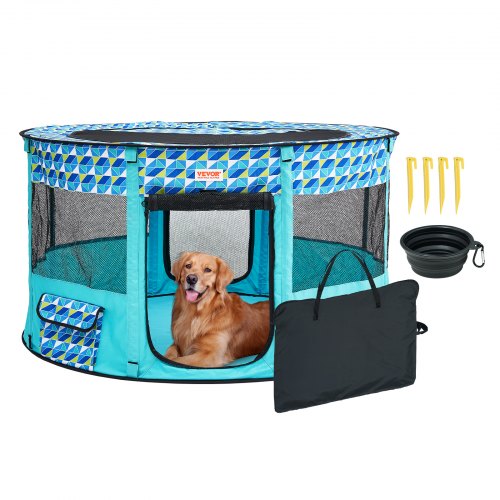 Foldable Pet Playpen, 44'' x 44'' x 24'' Portable Dog Playpen, Crate Kennel for Puppy, Dog, Cat, Waterproof 600D Oxford Cloth, Removable Zipper, for Indoor Outdoor Travel Camping (Round, L)