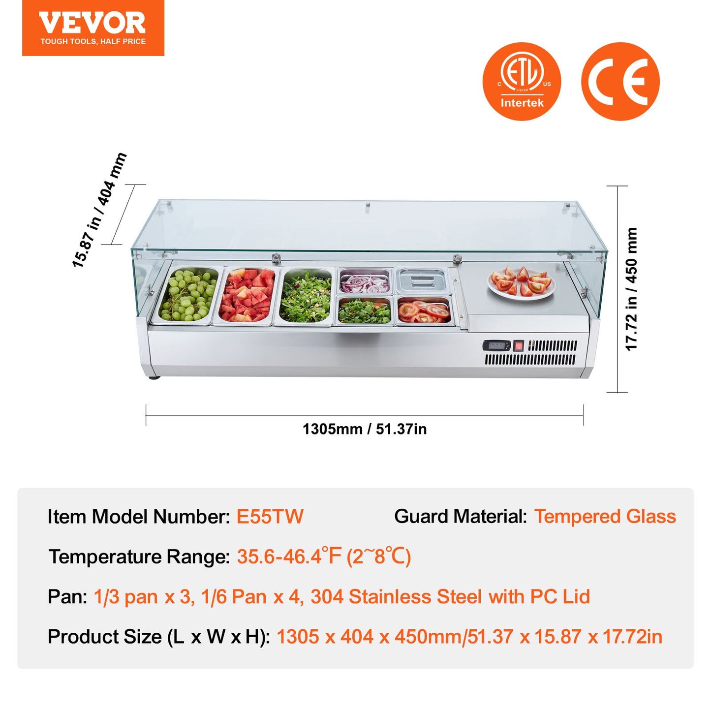 Refrigerated Condiment Prep Station, 150 W Countertop Refrigerated Condiment Station, with 3 1/3 Pans & 4 1/6 Pans, 304 Stainless Body and PC Lid, Sandwich Prep Table with Glass Guard, CE