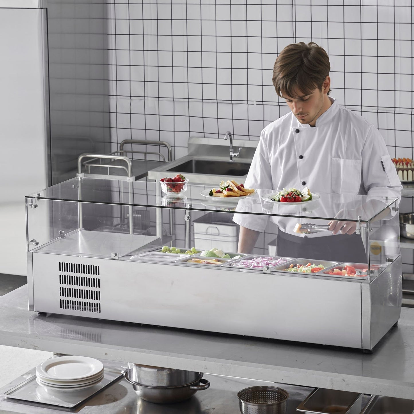 Refrigerated Condiment Prep Station, 150 W Countertop Refrigerated Condiment Station, with 3 1/3 Pans & 4 1/6 Pans, 304 Stainless Body and PC Lid, Sandwich Prep Table with Glass Guard, CE