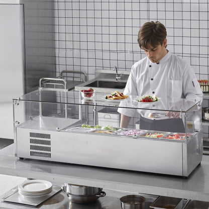 Refrigerated Condiment Prep Station, 150 W Countertop Refrigerated Condiment Station, with 3 1/3 Pans & 4 1/6 Pans, 304 Stainless Body and PC Lid, Sandwich Prep Table with Glass Guard, CE