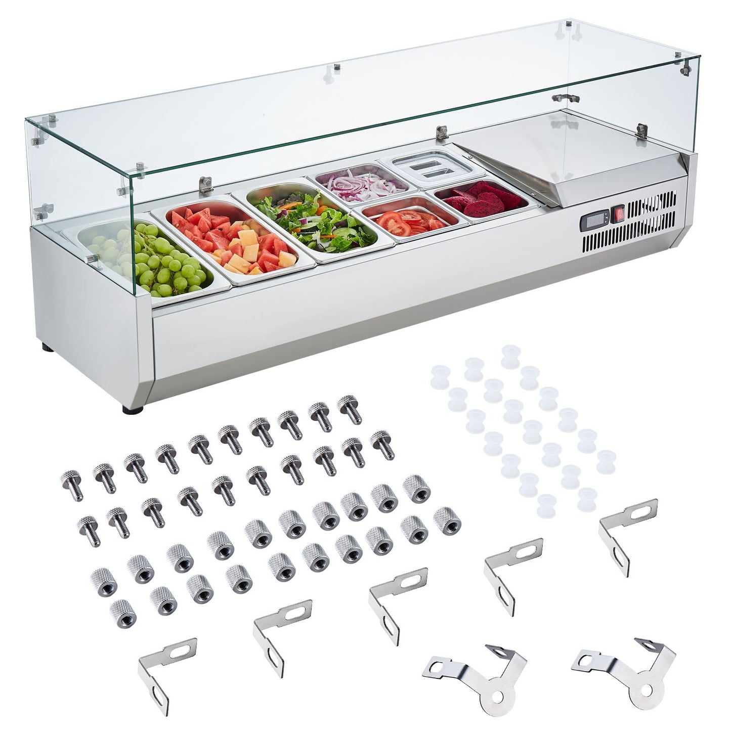 Refrigerated Condiment Prep Station, 150 W Countertop Refrigerated Condiment Station, with 3 1/3 Pans & 4 1/6 Pans, 304 Stainless Body and PC Lid, Sandwich Prep Table with Glass Guard, CE